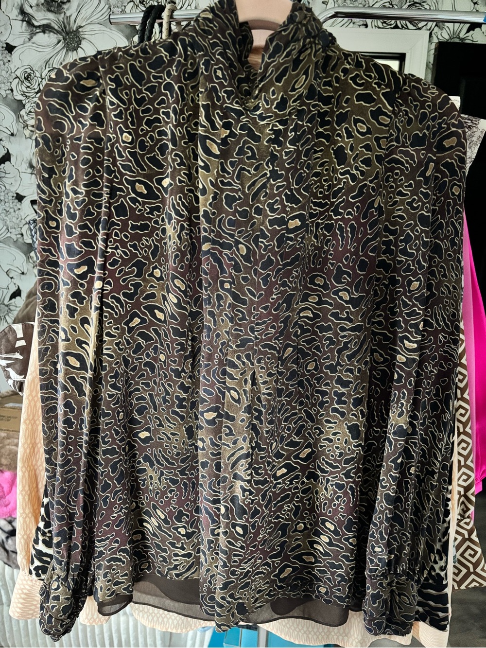 Tory Burch Brown and Cream Animal-Print Long-Sleeve Blouse